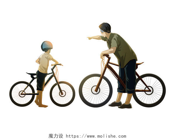 彩色手绘卡通父亲节人物父亲父子骑自行车元素PNG素材